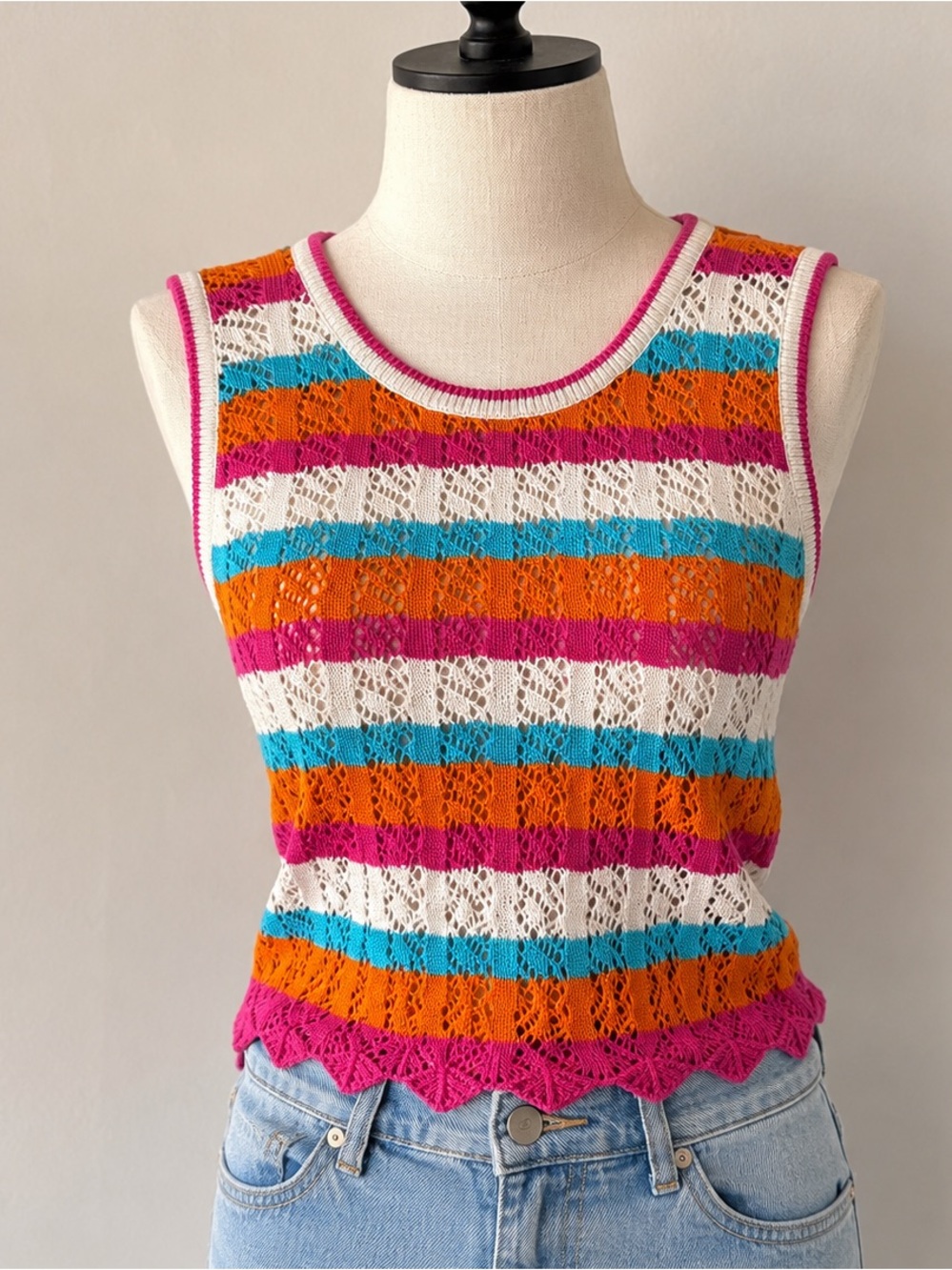 ANDREA Crochet Knit Sleeveless Top Striped Multicolor Size Medium